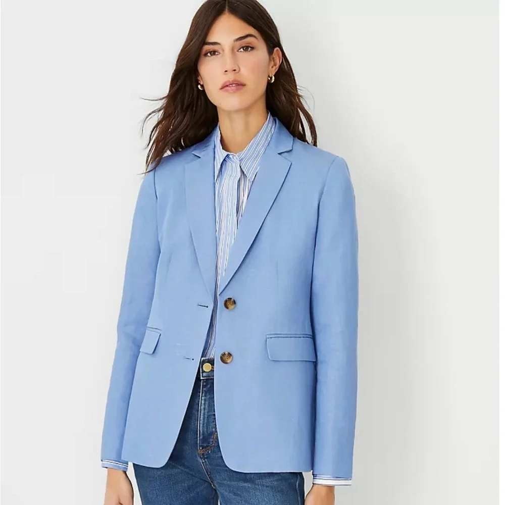 Ann Taylor The Greenwich Blazer Dusty Blue Lyocell Linen Two Button Jacket 12